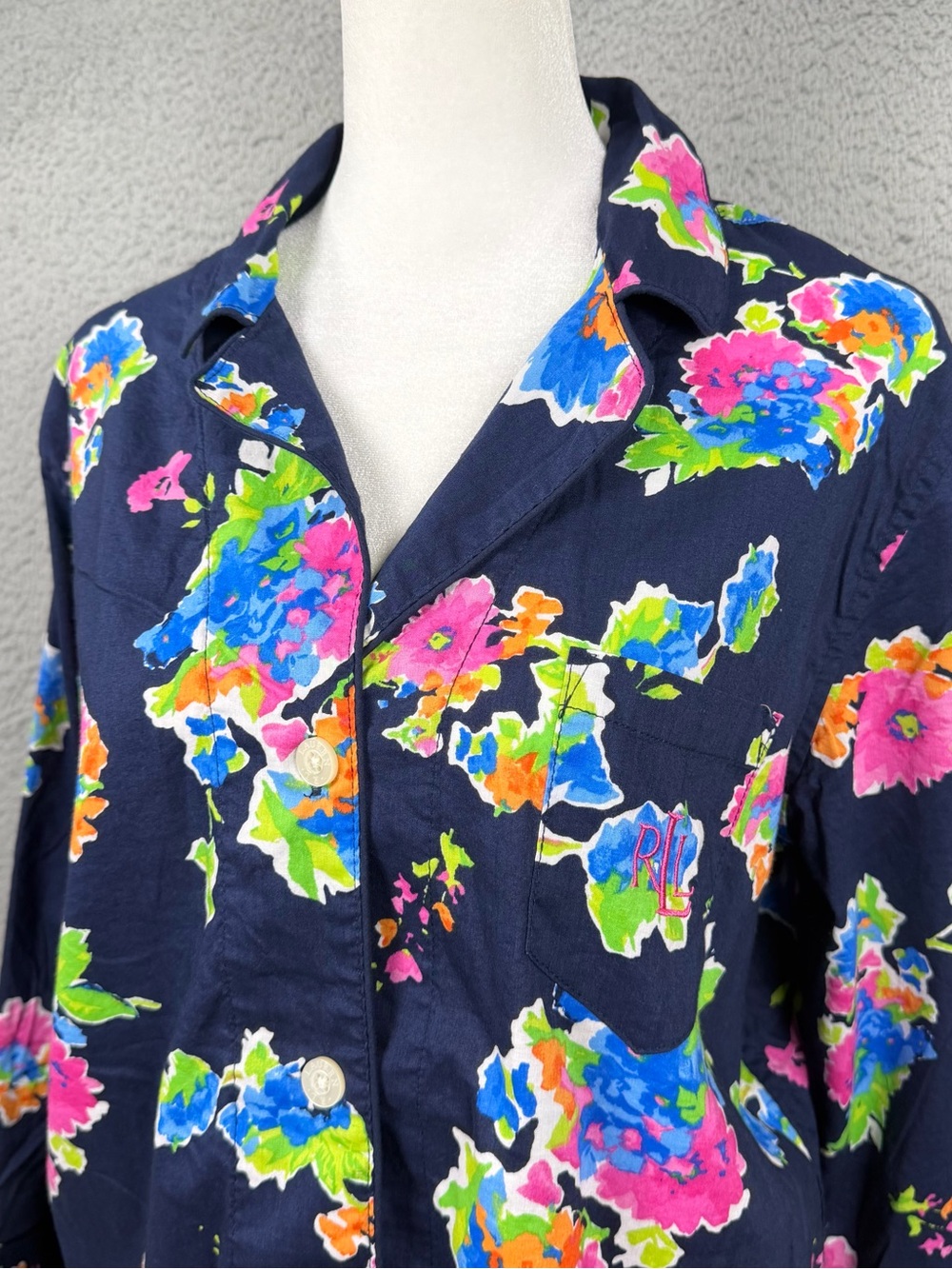 Lauren Ralph Lauren PJ Top Shirt Women Large Blue Floral Button Comfy Loungewear